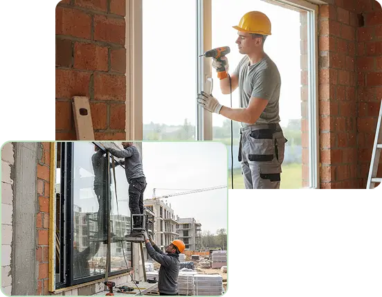 Collage di immagini di installatori di infissi e serramenti al lavoro in un cantiere in costruzione che stanno montando gli infissi