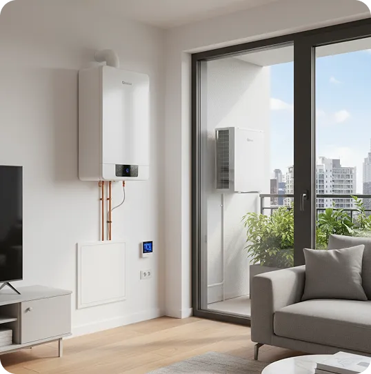 Salotto di casa con split esterno su balcone e caldaia interna
