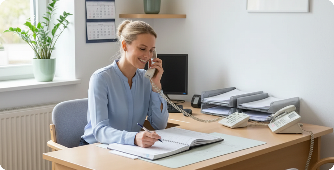 Segretaria al telefono che fissa appuntamenti con agenda davanti
