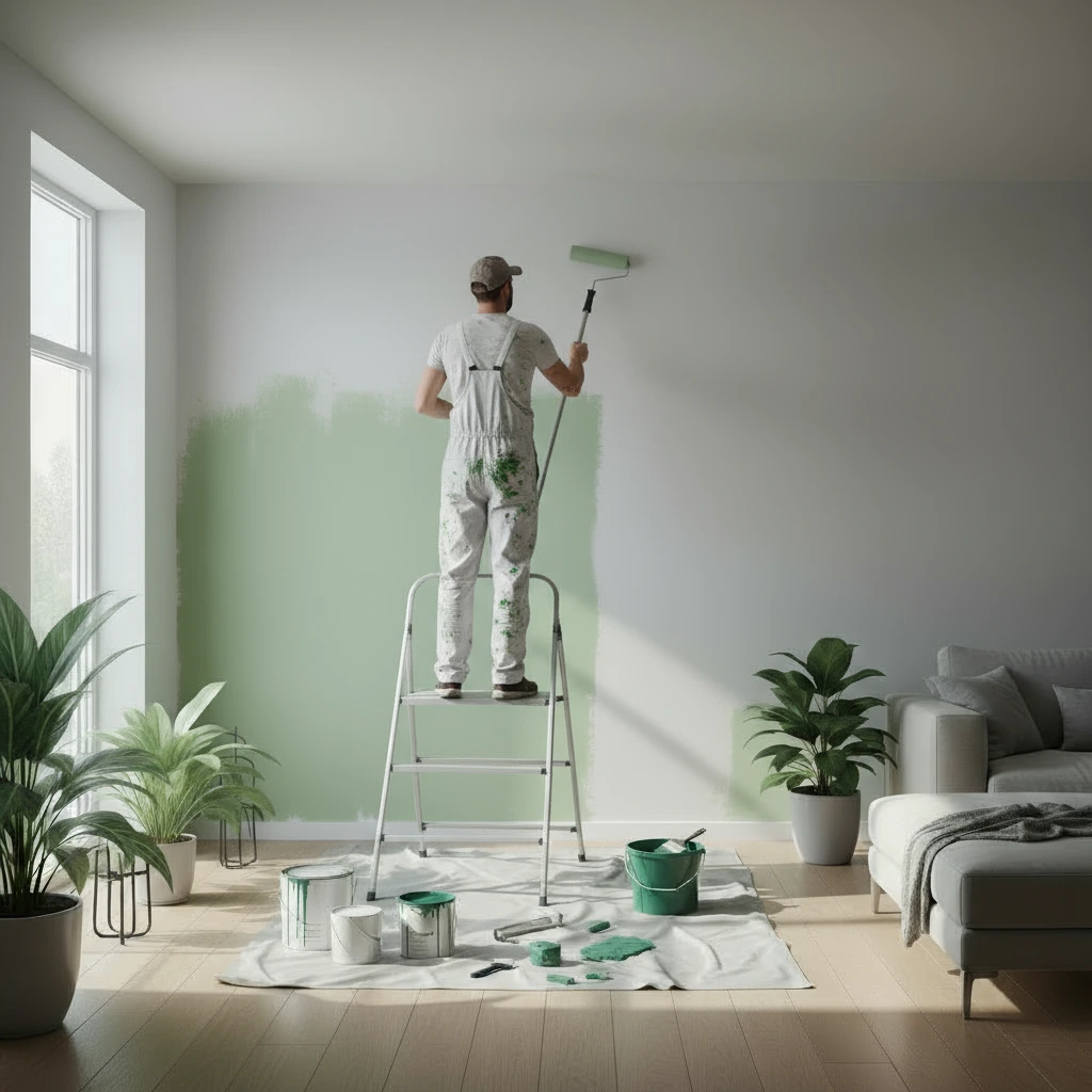 Operai su scala che dipinge di verde la parete del saloto con rullo